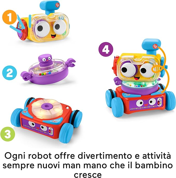 Fisher-Price - Tino Robottino 4-in-1, Giocatolo Educativo con Tecnologia Smart Stages con Oltre 120 Suoni, Edizione Italiana, Giocattolo per Bambini 6+ Mesi, HDJ16