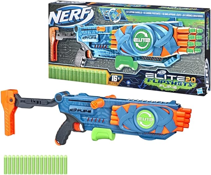 Hasbro Nerf Elite 2.0 - Flipshots Flip-16, blaster con 16 canne porta dardi che si ribaltano per raddoppiare la potenza di lancio, capacità 16 dardi, include 16 dardi Nerf Elite