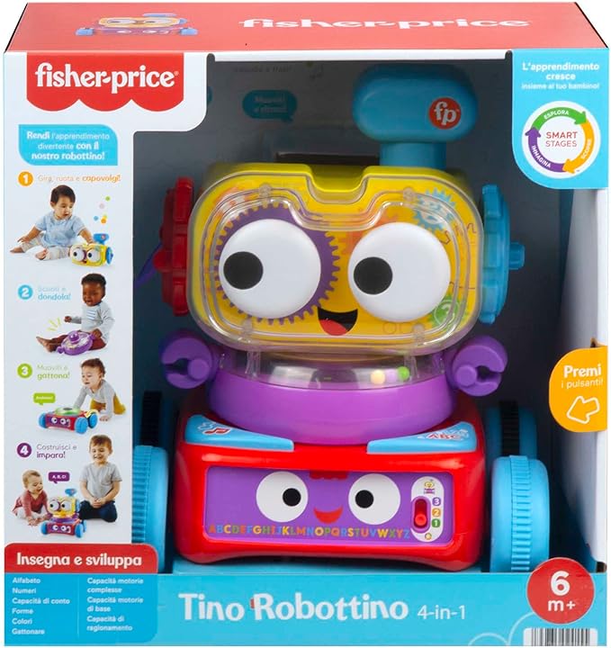 Fisher-Price - Tino Robottino 4-in-1, Giocatolo Educativo con Tecnologia Smart Stages con Oltre 120 Suoni, Edizione Italiana, Giocattolo per Bambini 6+ Mesi, HDJ16