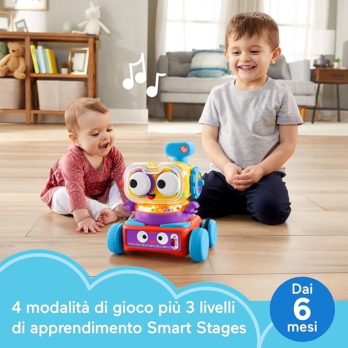 Fisher-Price - Tino Robottino 4-in-1, Giocatolo Educativo con Tecnologia Smart Stages con Oltre 120 Suoni, Edizione Italiana, Giocattolo per Bambini 6+ Mesi, HDJ16