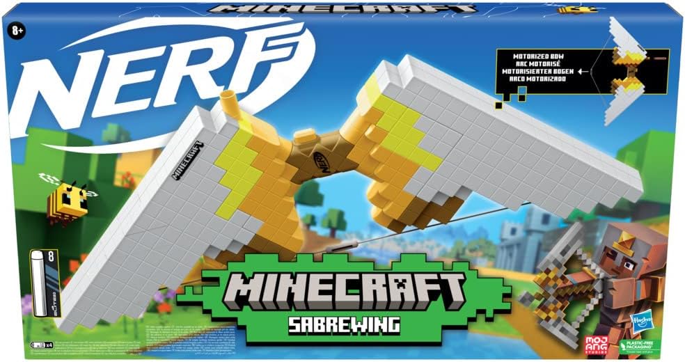 Hasbro Nerf Minecraft, Arco Motorizzato Sabrewing, Arco Giocattolo, Blaster Ispirato a Minecraft Dungeons con 8 Dardi Originali Nerf Elite e Caricatore, 8+ Anni