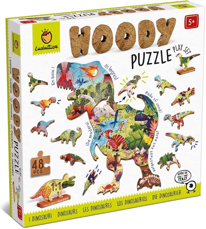 Ludattica - Woody puzzle Dinosauri - Puzzle 48 pezzi in legno bambini 5+ - Due giochi in uno - Made in Italy