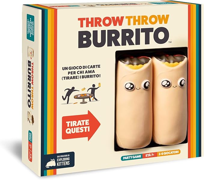 Asmodee - Throw Throw Burrito - Divertente Gioco da Tavolo, con Due Burrito Squishy, 7+ Anni, 2-6 Giocatori, Edizione in Italiano