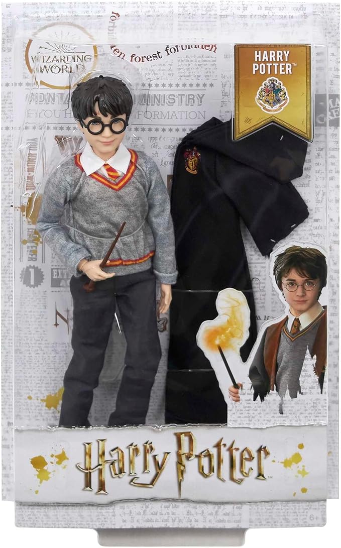 Mattel Harry Potter - Harry Potter, personaggio da collezionare alto 25 cm, con uniforme di Hogwarts, morbido mantello di Grifondoro e bacchetta, giocattolo per bambini, 6+ anni