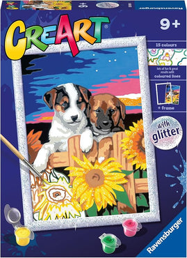 Ravensburger - CreArt Serie D, Cagnolini con Girasoli, Dipingere con i Numeri, Kit Pittura Bambini, Tema Animali, Cornice Inclusa, Gioco Educativo, Idea Regalo Bambini 9+ Anni, 26x20 cm