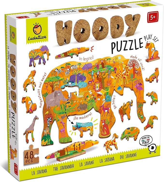 Ludattica - Woody puzzle La Savana - Puzzle in legno bambini 5+ anni di 48 pezzi - Due giochi in uno - Made in Italy