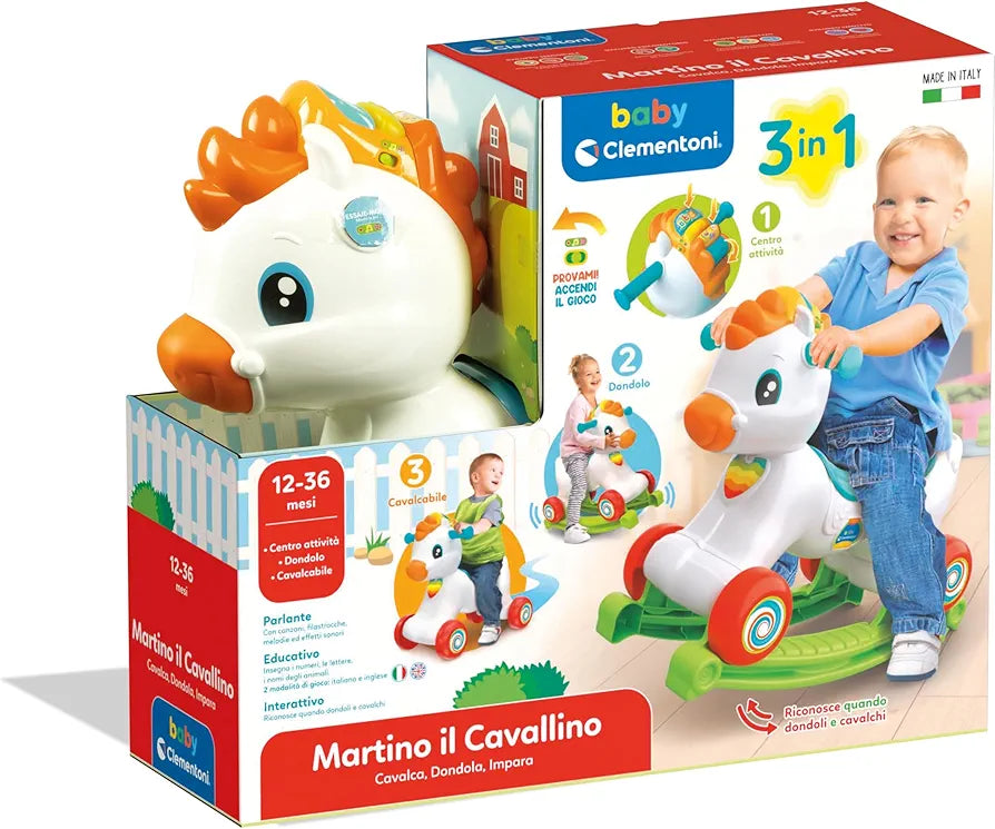 Baby Clementoni - Martino il Cavallino, Ride On 3 in 1 Educativo Bambino 12-36 Mesi, Gioco Parlante Italiano e Inglese, Giocattolo Primi Passi con Suoni e Luci, Made in Italy, Lingua Italiana, 17854