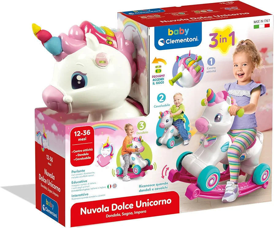 Baby Clementoni - Nuvola Dolce Unicorno, Ride On 3 in 1 Educativo per Bambino 12-36 Mesi, Gioco Parlante in Italiano e Inglese, Giocattolo Primi Passi con Suoni, Luci e attività Educative, 17855