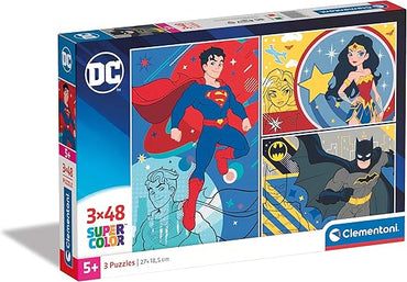 Clementoni- Puzzle DC Comics 3x48pzs Supercolor Comics-3x48 (Include 3 48 Pezzi) -Made in Italy, Bambini 4 Anni