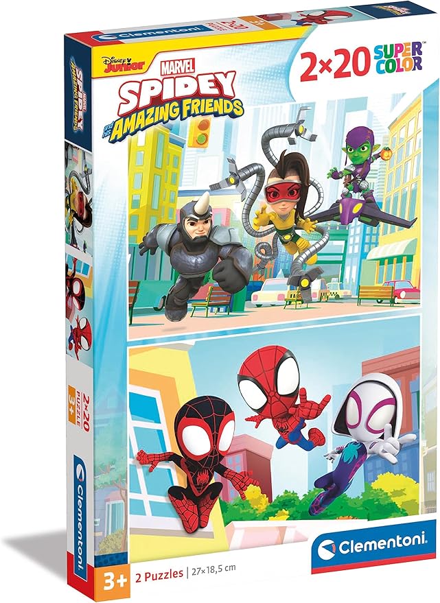 Clementoni - 24794 - Supercolor Puzzle - Spidey and His Amazing Friends - 2x20 pezzi (include 2 puzzle da 20 pezzi) - Made in Italy - puzzle bambini 3 anni, puzzle Spiderman