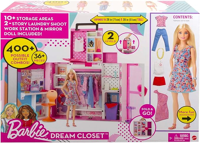 Barbie - Armadio dei Sogni Playset con bambola bionda, largo più di 60 cm, 15+ aree per riporre gli accessori, specchio, scivolo per biancheria, 30+ outfit e accessori, HGX57