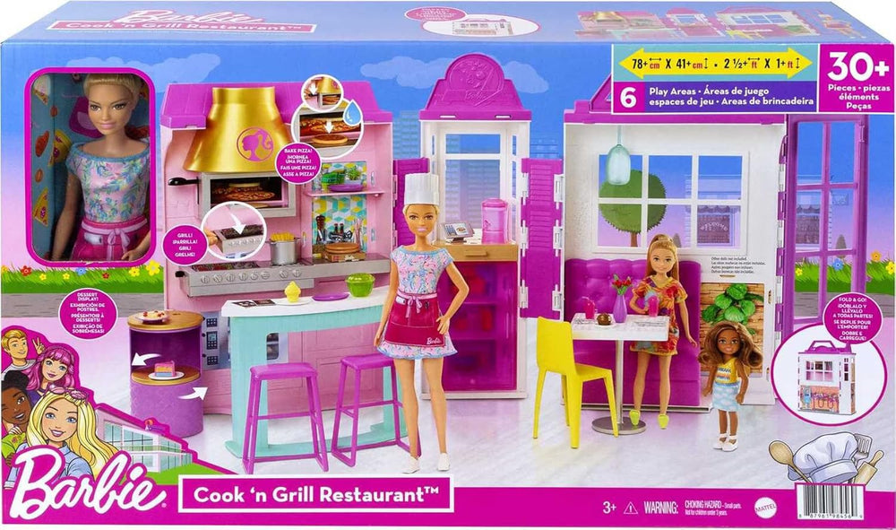 Barbie- Playset Il Ristorante Bambola con Cappello Chef e Grembiule e Oltre 30 Accessori da Cucina, Giocattolo per Bambini 3+Anni, HBB91