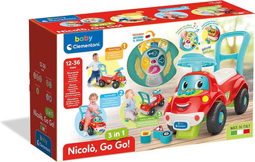 Baby Clementoni - Nicolò Go Go 3 in 1, Macchinina Bambino 1 Anno, Gioco Prima Infanzia Primi Passi, Cavalcabile e Centro Attività Italiano e Inglese, Stimola Motilità e Curiosità, Made in Italy, 17747