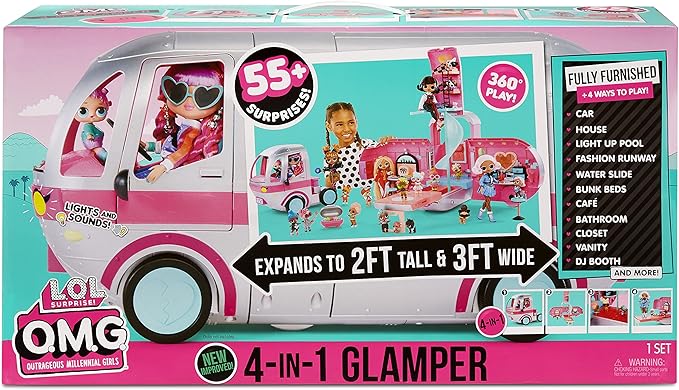 LOL Surprise OMG Glamper - Camper alla moda con oltre 55 sorprese, arredato con piscina illuminata, scivolo ad acqua, letti a castello, bar, bagno, armadio, barbecue e cabina per DJ - Età: 6+