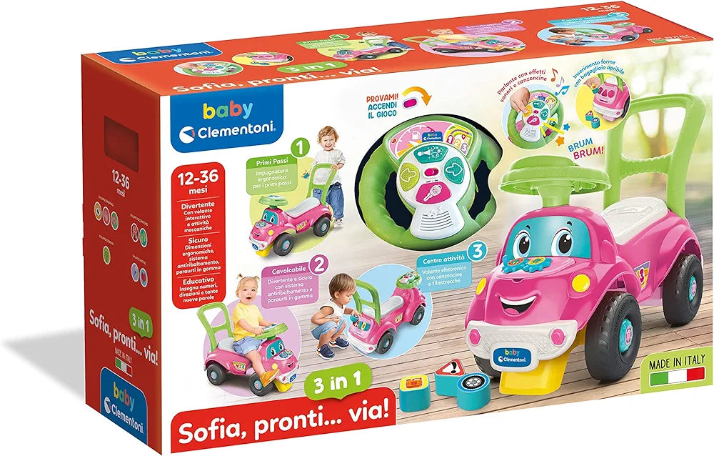 Clementoni - 17746 - Sofia Pronti Via - Macchinina Cavalcabile 3 in 1, Gioco Educativo Parlante con Luci e Suoni per Bambini 1 Anno, Made in Italy