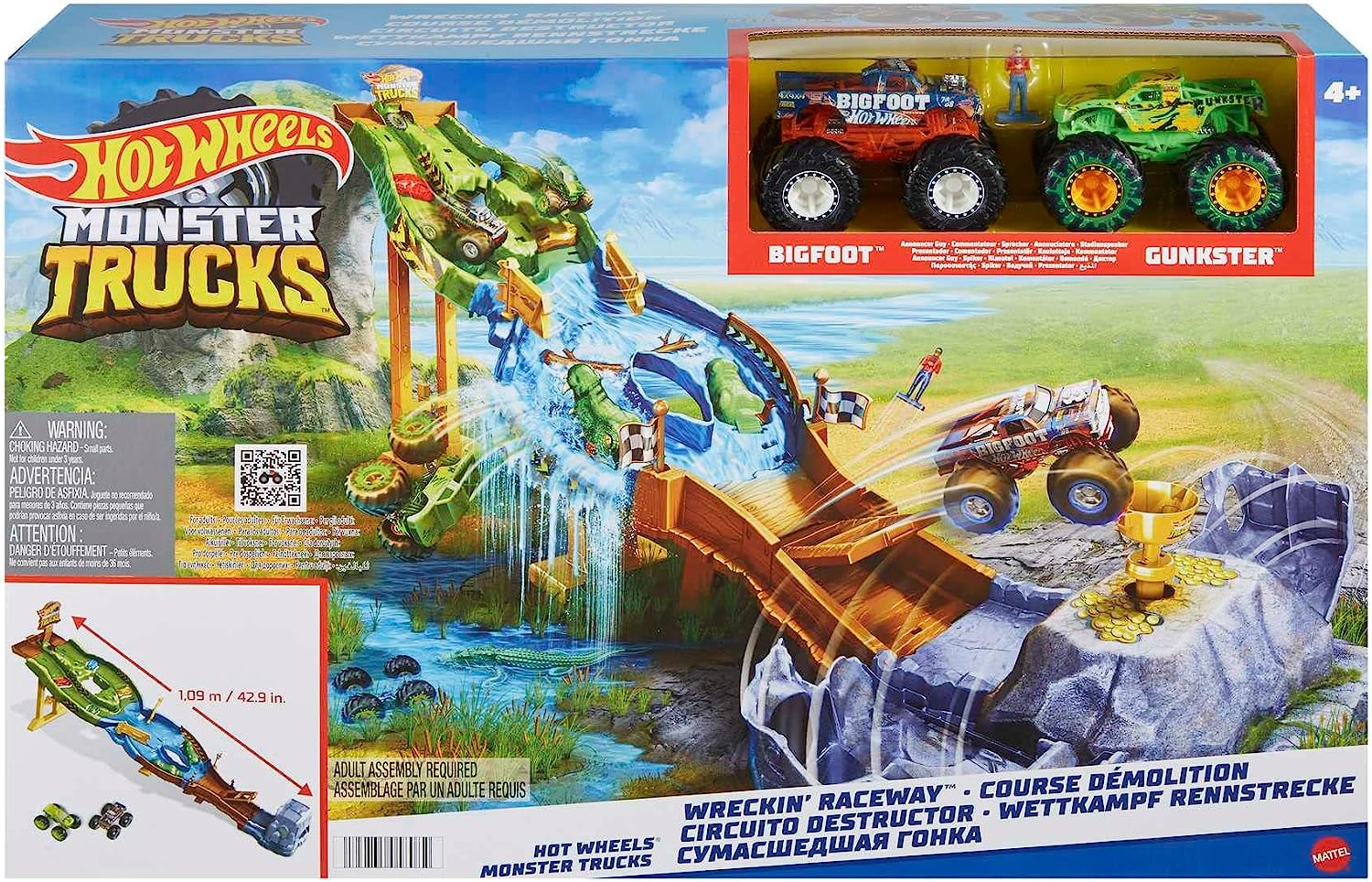Hot Wheels - Torneo dei Titani Playset con Monster Truck Bigfoot e Gunkster per sfide a testa a testa, passa sul ponte innesca 