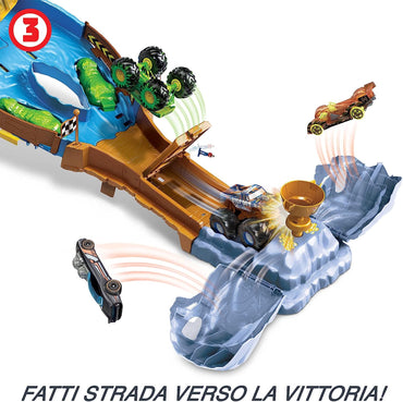 Hot Wheels - Torneo dei Titani Playset con Monster Truck Bigfoot e Gunkster per sfide a testa a testa, passa sul ponte innesca "l'esplosione", Giocattolo per Bambini 4+ Anni, HGV12